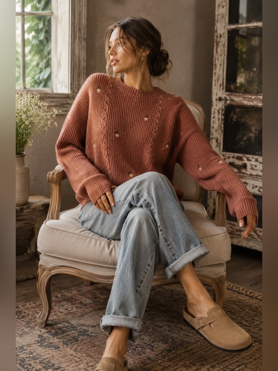 Hem & Thread Sweaters - Hem & Thread Rust Cable Knit Sweater with Floral Accents